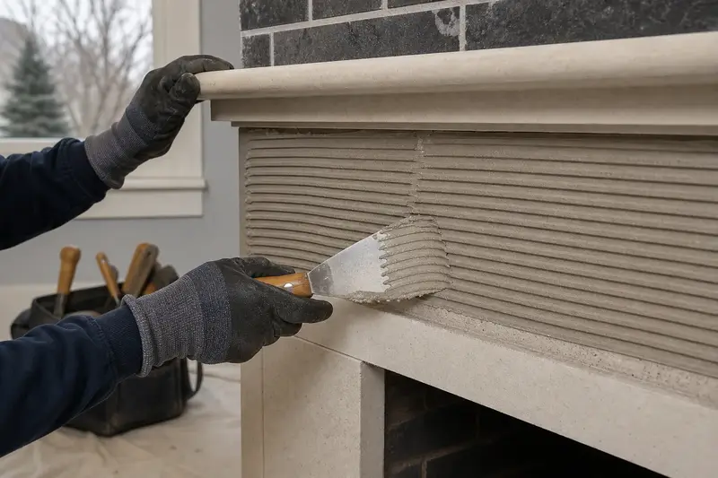 Gloved hands spreading thinset on a fireplace surround before a tile is set; illustrative image