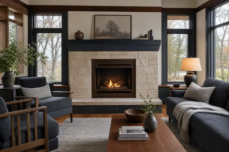 A living room with a direct-vent gas fireplace glowing warmly behind glass, no one present; illustrative image