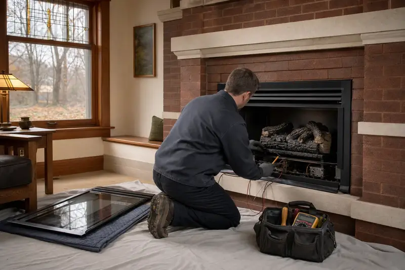 A technician testing the igniter of a gas insert set in a brick opening with the glass front set aside; illustrative image