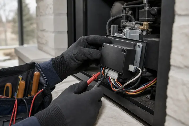 A gas fireplace control module with wires and a multimeter probe, seen up close; illustrative image