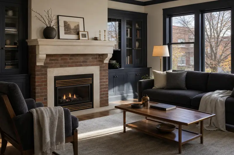 A warm living room with a gas insert set in a brick opening glowing softly behind its glass, no one present; illustrative image