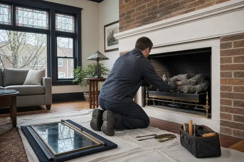 A technician checking the burner and log placement of a direct-vent gas fireplace with the gas off and the glass set aside; illustrative image