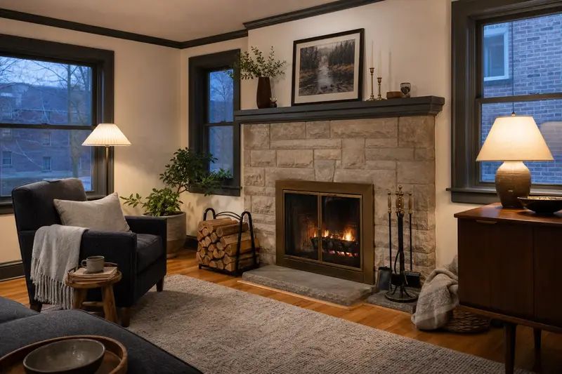 A comfortable hearth room with a factory-built wood-burning fireplace with a stone facing, a reading chair, a wool throw and split firewood, no one present; illustrative image