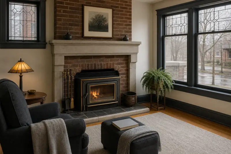 A quiet hearth room with a wood-burning insert in a brick opening and a reading chair; illustrative image