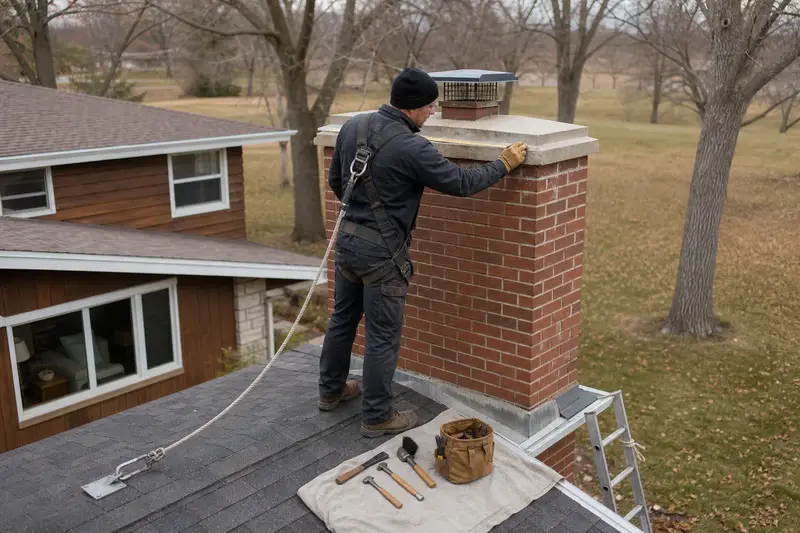 A harnessed technician measuring a red brick chimney with a concrete crown on a dry roof; illustrative image