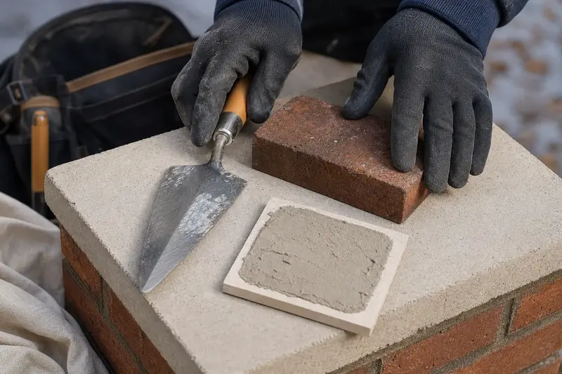 A pointing trowel, a brick sample and a mortar color sample resting on a chimney crown; illustrative image
