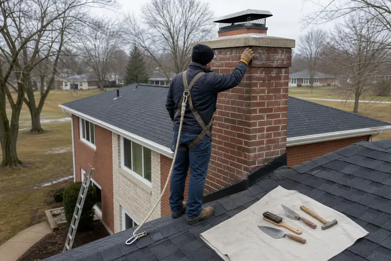A harnessed mason examining the upper courses of a tall brick chimney on a steep gable roof with a gloved hand; illustrative image