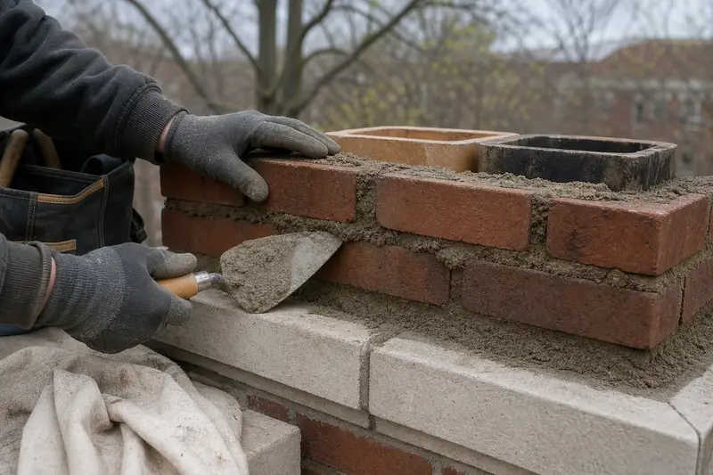 Newly laid brick courses and fresh mortar at a chimney top, seen up close; illustrative image