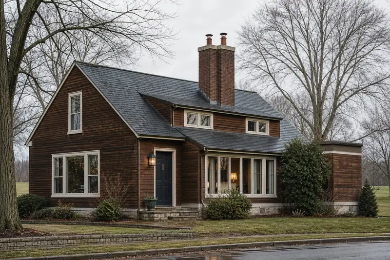 A 1970s cedar-sided contemporary house showing a two-flue brick chimney on a slate roof rising above the roof; illustrative image