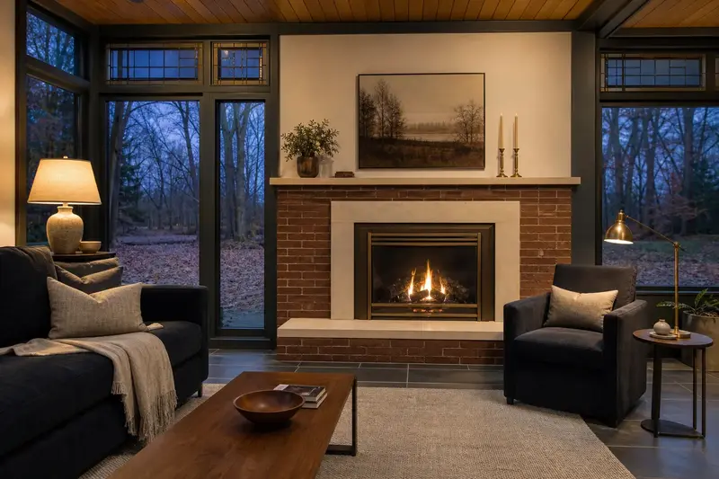 A living room with a direct-vent gas fireplace seen straight on, its opening, hearth and surround clear; illustrative image