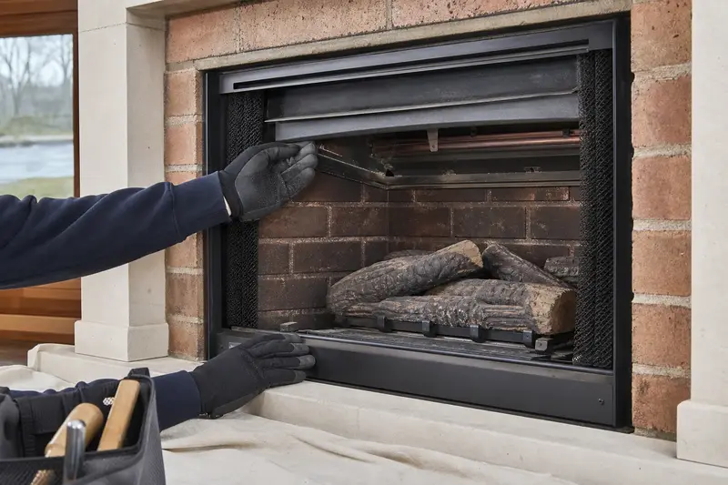 The firebox, damper and hearth of a gas insert set in a brick opening, seen up close; illustrative image