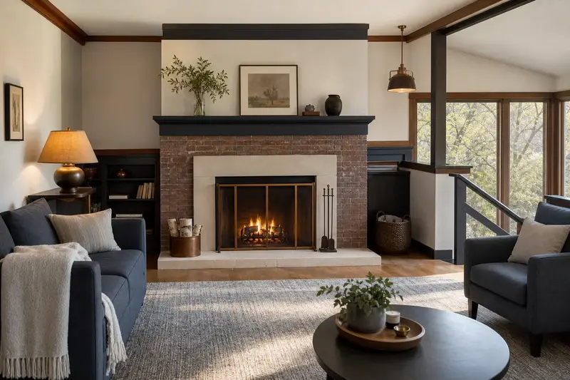 A living room with an open masonry wood-burning fireplace and a small fire behind a screen, no one present; illustrative image