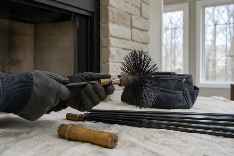 A rotary brush head and flexible rods laid on a canvas drop cloth beside a factory-built wood-burning fireplace with a stone facing; illustrative image