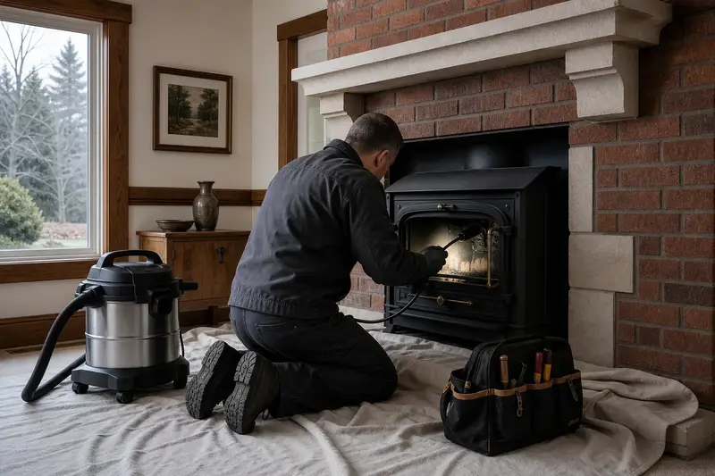 A technician guiding an inspection camera into the firebox of a freestanding gas stove, the fireplace cold and unlit; illustrative image