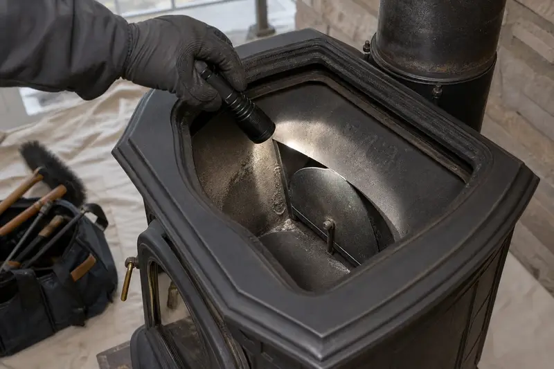 A flashlight beam across the smoke chamber and damper of a cast-iron wood stove on a stone hearth pad, a gloved hand holding the light; illustrative image