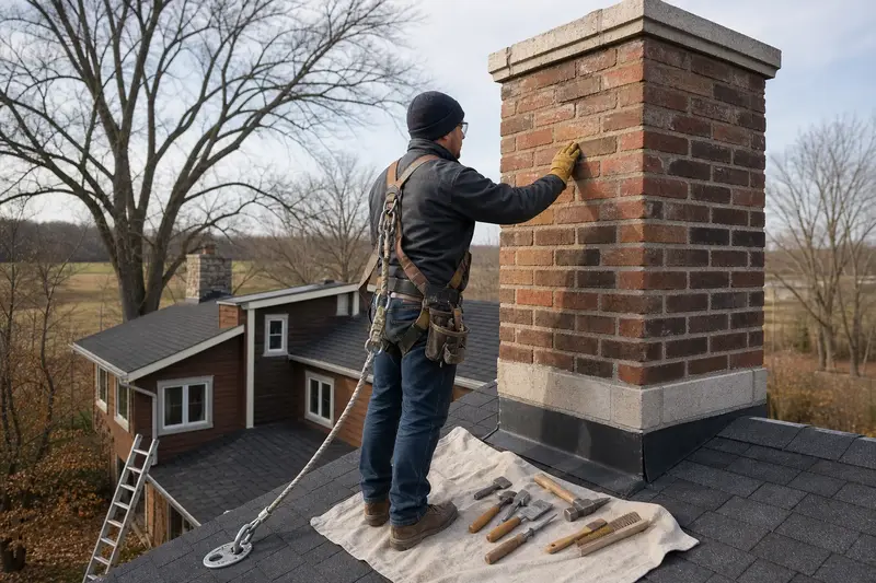 A harnessed mason examining the brickwork of a tall brick chimney on a steep gable roof with a gloved hand; illustrative image