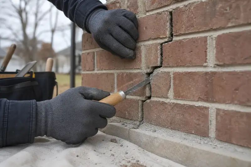 A stepped crack through mortar joints on a brick chimney, seen up close; illustrative image