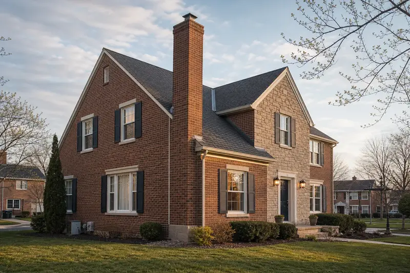 A 1980s two-story suburban house with a tall brick chimney on a steep gable roof rising above the roof; illustrative image