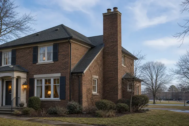 A 1980s two-story suburban house with a two-flue brick chimney on a slate roof and neat mortar joints; illustrative image