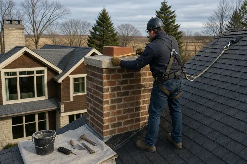 A harnessed mason measuring the crown of a tall brick chimney on a steep gable roof with a folding rule; illustrative image