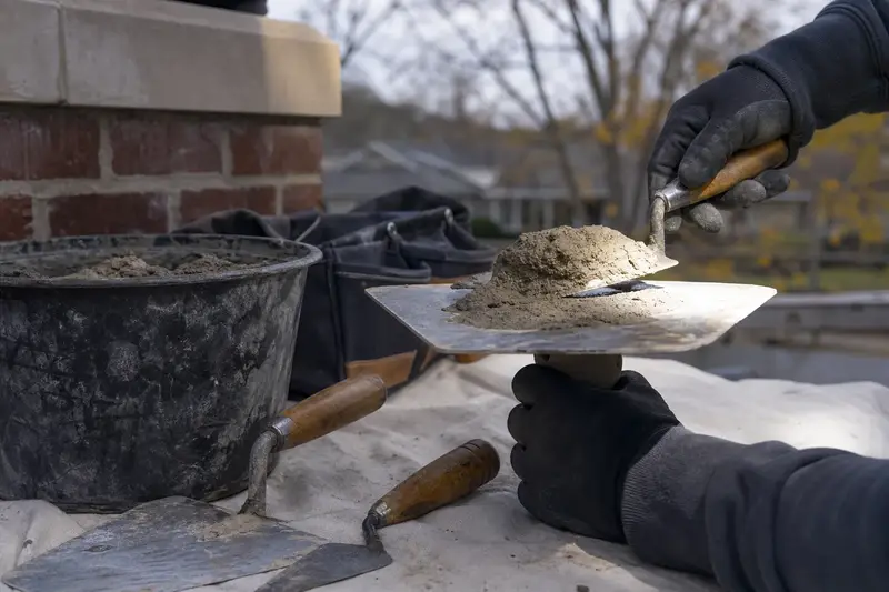 A mortar hawk, trowels and a bucket of mixed mortar set on a roof work platform; illustrative image