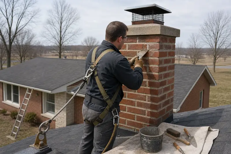 A harnessed mason repointing mortar joints on a red brick chimney with a concrete crown with a pointing trowel; illustrative image