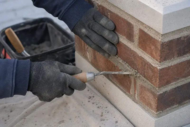 Gloved hands pressing fresh mortar into a raked joint with a tuckpointing trowel; illustrative image