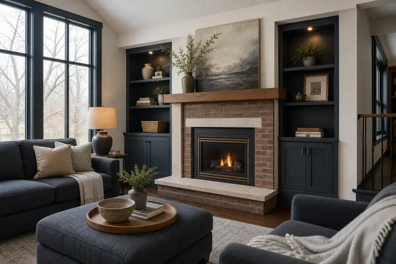 A remodeled hearth wall with a gas insert set in a brick opening, a slim wood mantel and built-in shelves; illustrative image