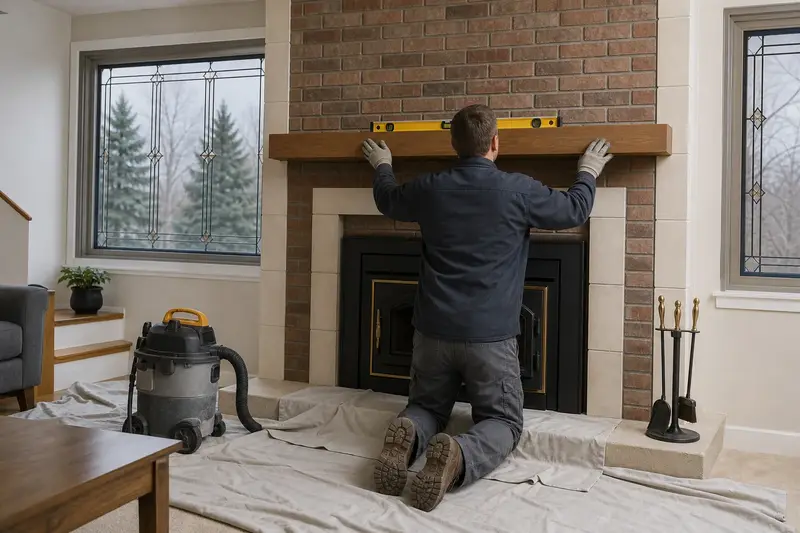 An installer leveling a new wood mantel above a wood-burning insert in a brick opening; illustrative image