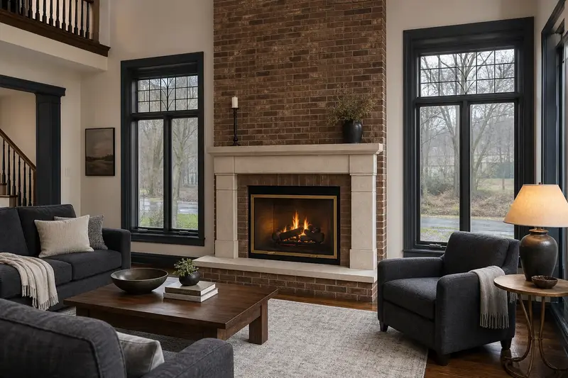 A living room with a vented gas log set in a masonry firebox glowing warmly behind glass, no one present; illustrative image