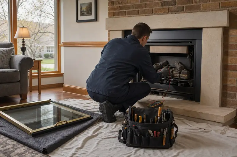 A technician testing the igniter of a direct-vent gas fireplace with the glass front set aside; illustrative image