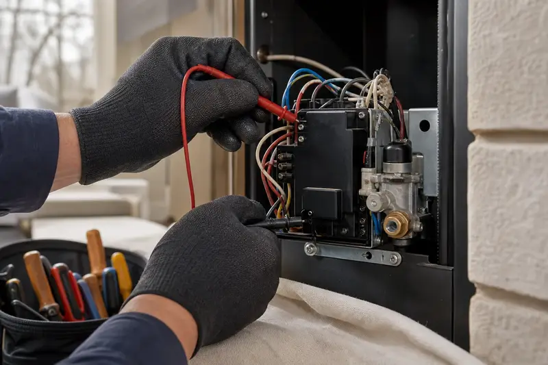 A gas fireplace control module with wires and a multimeter probe, seen up close; illustrative image