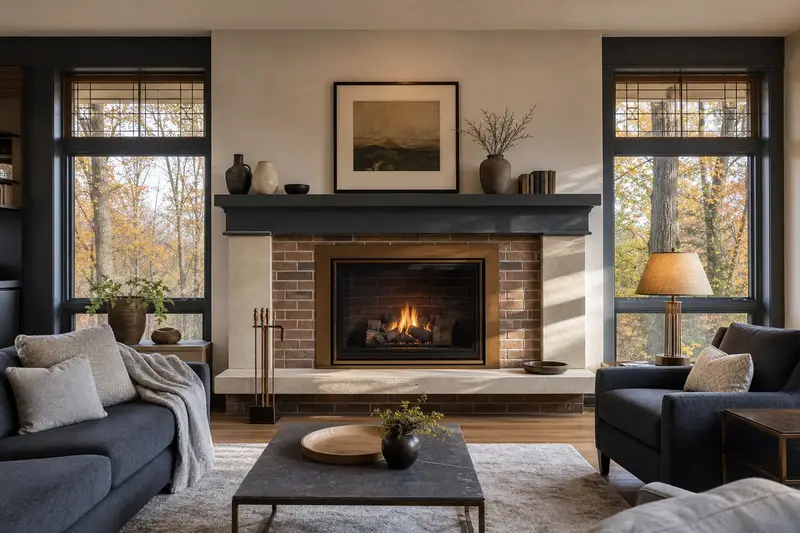 A warm living room with a vented gas log set in a masonry firebox glowing softly behind its glass, no one present; illustrative image
