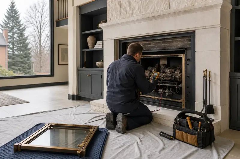 A technician kneeling at a direct-vent gas fireplace with the glass front removed, testing the controls with a multimeter; illustrative image