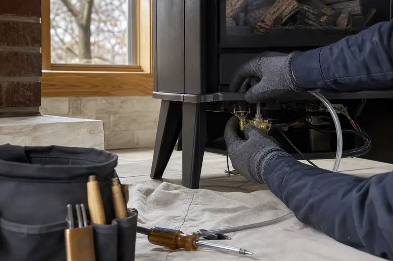 Gloved hands holding a manometer probe at the gas valve beneath a freestanding gas stove; illustrative image