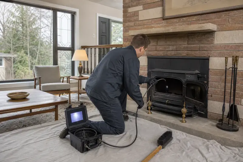 A technician guiding an inspection camera into the smoke chamber of a cast-iron wood stove on a stone hearth pad, the fireplace cold and unlit; illustrative image