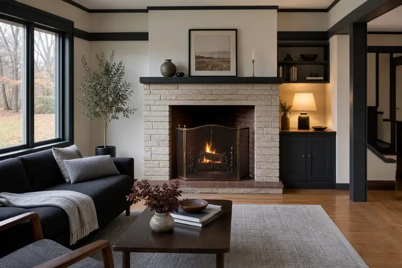 A living room with an open masonry wood-burning fireplace and a small fire behind a screen, no one present; illustrative image