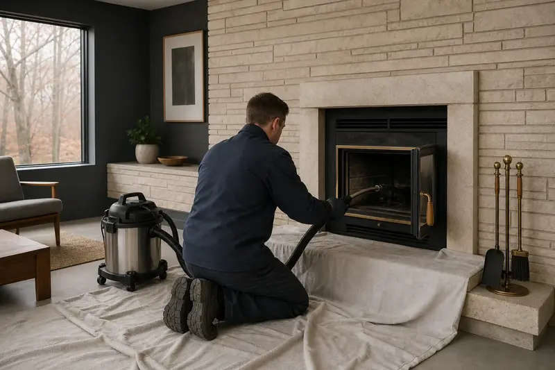 A technician kneeling at a wood-burning insert in a brick opening with a sealed vacuum and drop cloths, the fireplace cold and unlit; illustrative image