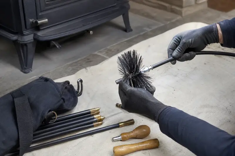 A rotary brush head and flexible rods laid on a canvas drop cloth beside a cast-iron wood stove on a stone hearth pad; illustrative image