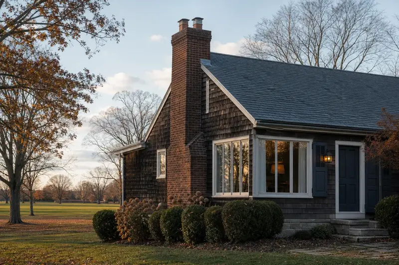 A 1960s cedar-sided contemporary house with a two-flue brick chimney on a slate roof and a stainless steel cap; illustrative image