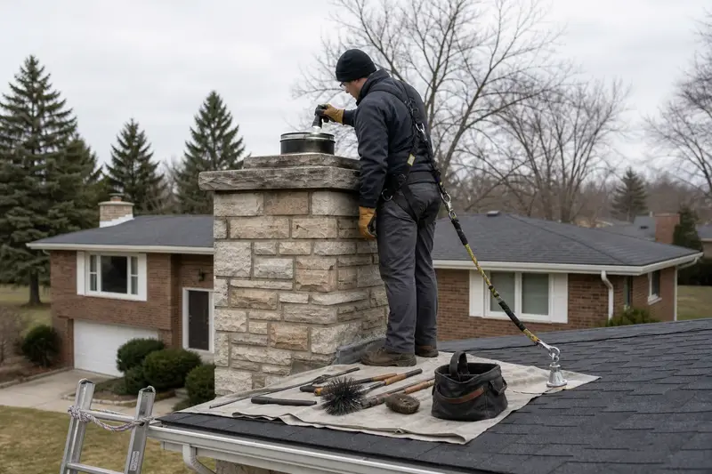 A harnessed technician examining the top of a stone masonry chimney with a flashlight from a dry roof surface; illustrative image