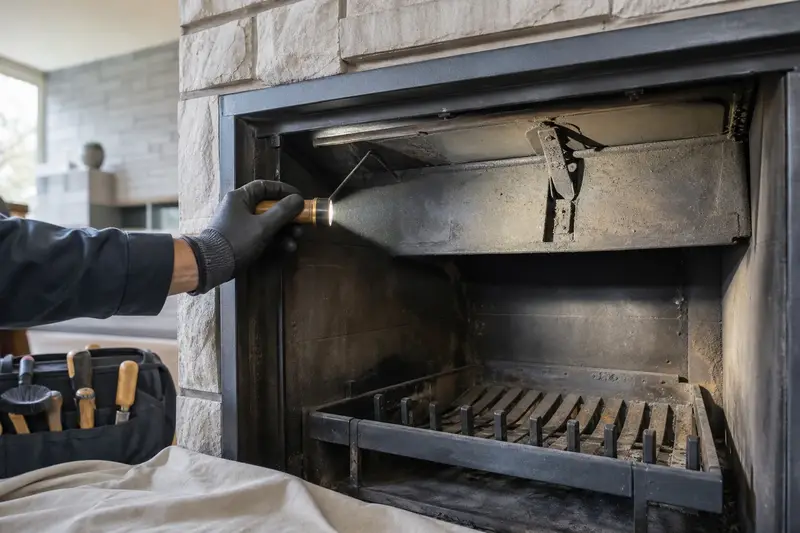 A flashlight beam across the smoke chamber and damper of a factory-built wood-burning fireplace with a stone facing, a gloved hand holding the light; illustrative image