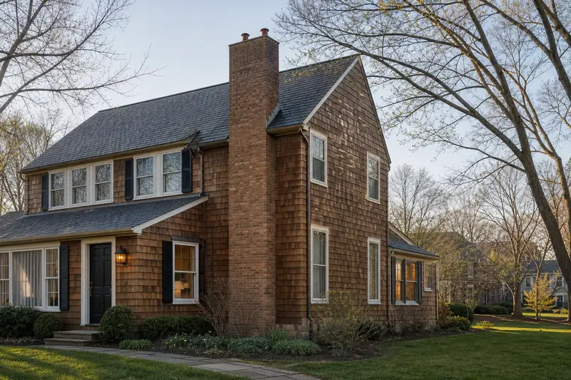 A 1960s cedar-sided contemporary house in soft daylight with a two-flue brick chimney on a slate roof and even brickwork; illustrative image