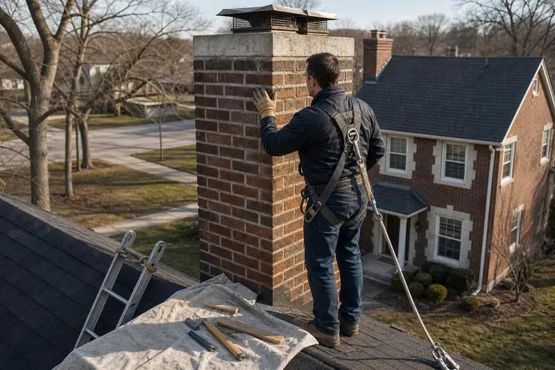 A harnessed mason examining the brickwork of a tall brick chimney on a steep gable roof with a gloved hand; illustrative image