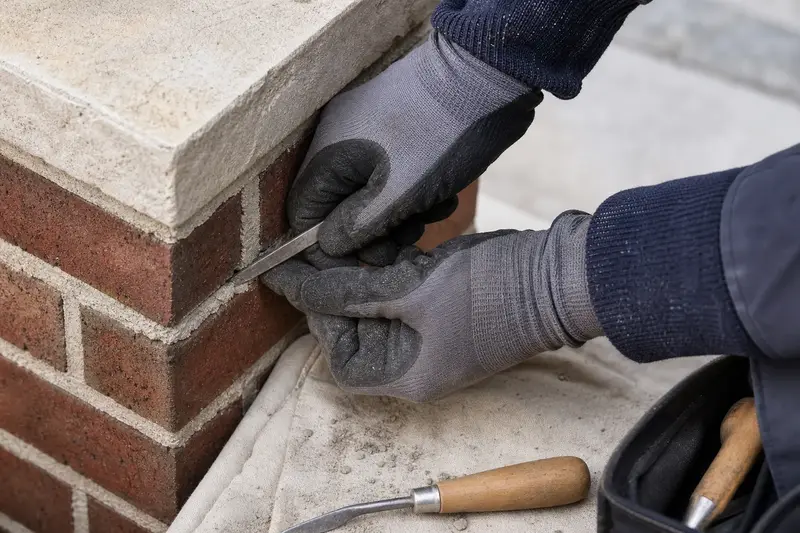 Gloved hands probing a cracked mortar joint with a thin feeler blade; illustrative image