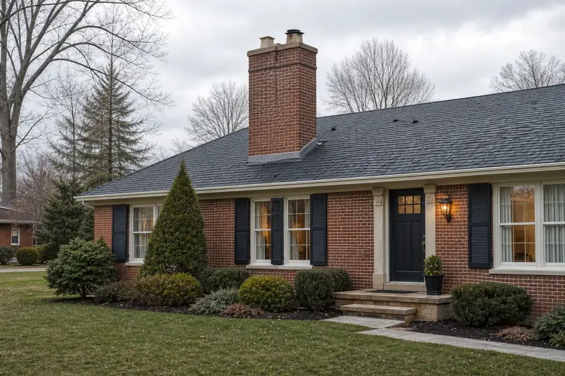 A 1960s brick-front ranch house with a two-flue brick chimney on a slate roof and neat, even mortar joints; illustrative image