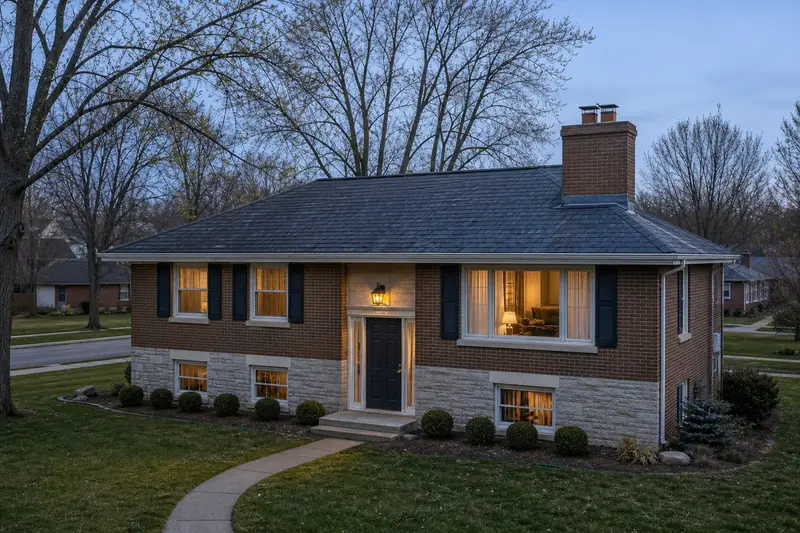 A 1960s split-level house with a two-flue brick chimney on a slate roof and neat mortar joints; illustrative image