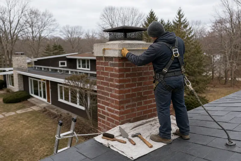 A harnessed mason measuring the crown of a red brick chimney with a concrete crown with a folding rule; illustrative image