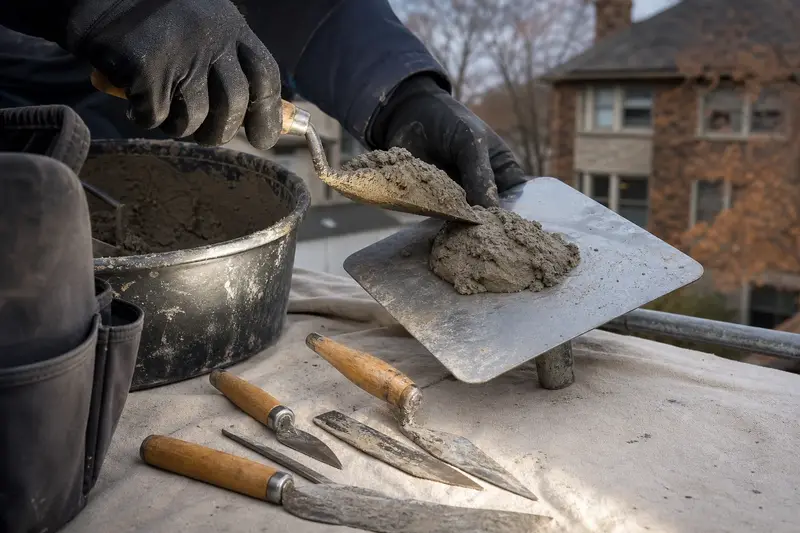 A mortar hawk, trowels and a bucket of mixed mortar set on a roof work platform; illustrative image
