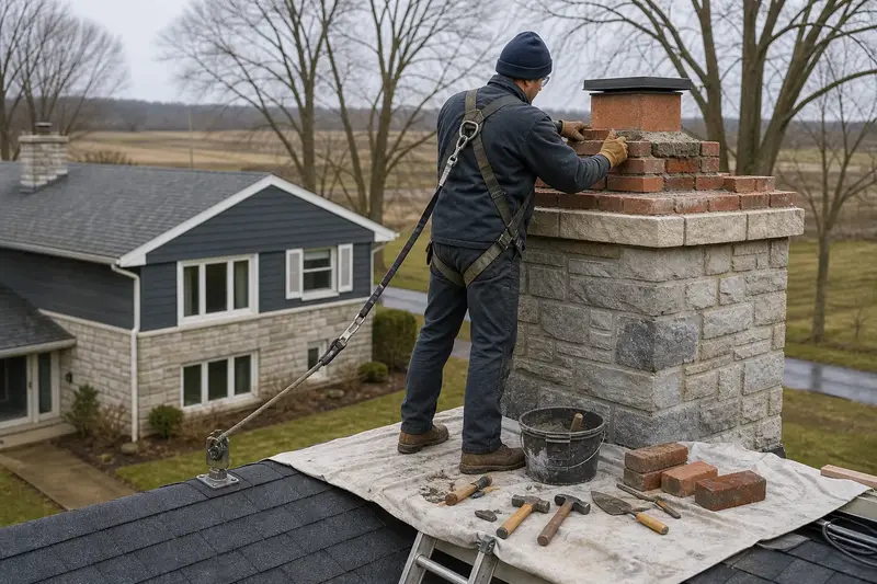 A harnessed mason setting a replacement brick near the top of a stone masonry chimney; illustrative image